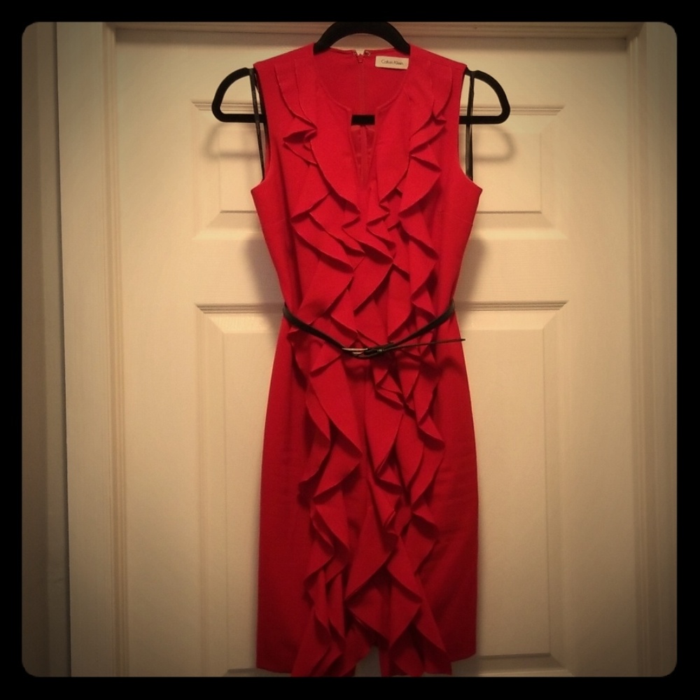 Calvin Klein red ruffle front dress